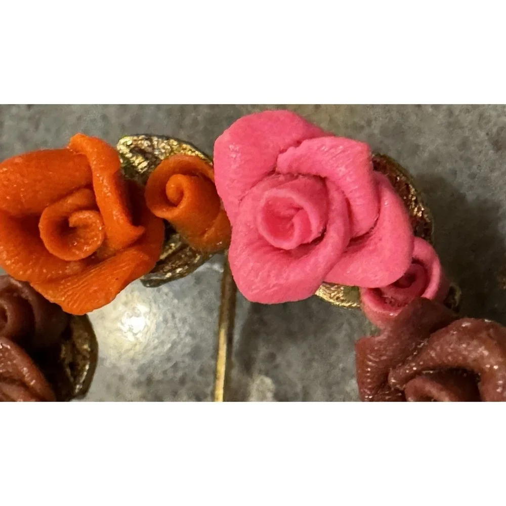 Vintage Floral Wreath Brooch Gold Tone Multi Color Resin Rose Pin